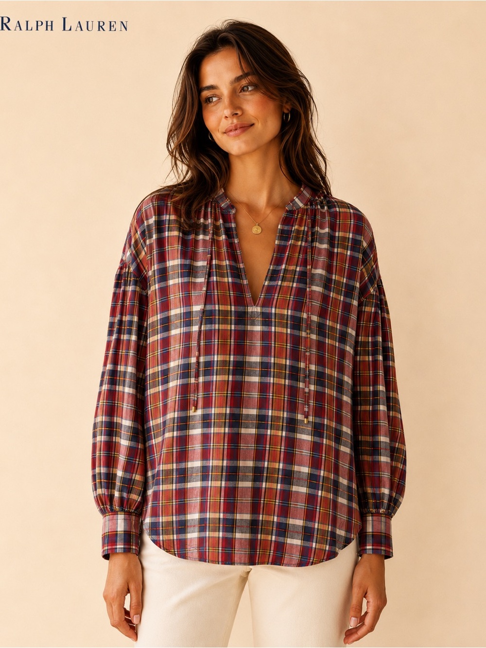 Ralph Lauren Black Label Plaid Peasant Blouse Large Tie Neck 100% Cotton